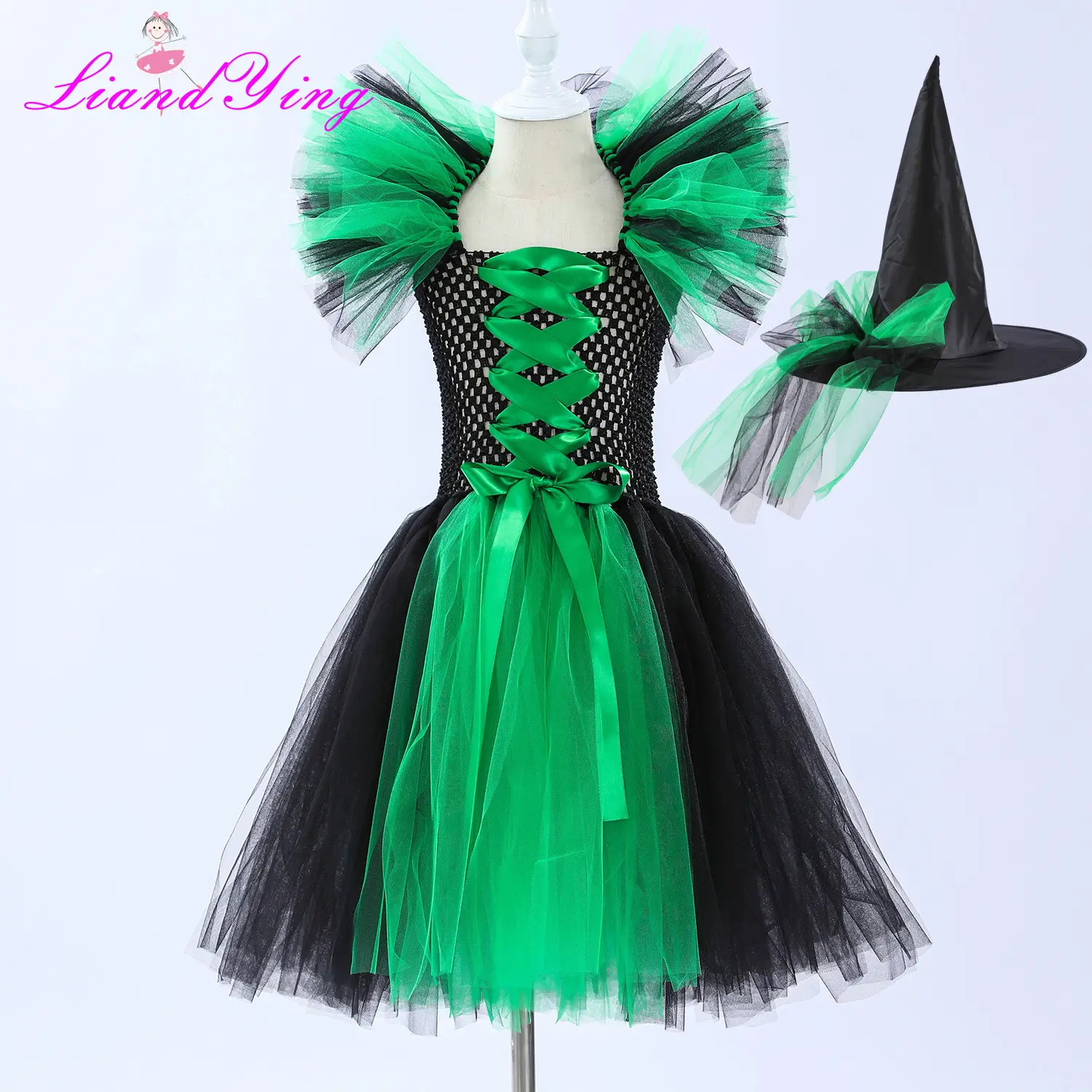 Witch Costume Dress for Girls Purple Hat Mesh Puff - Image 9