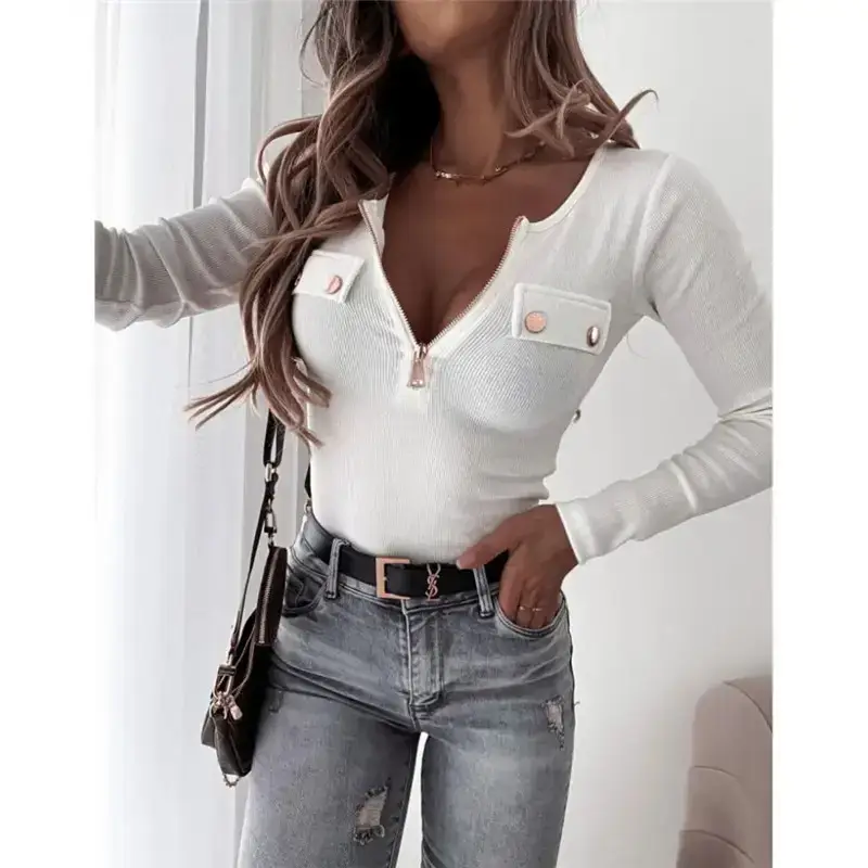 2024 Red Knitted Slim Fit Zipper Top T-Shirt - Image 6