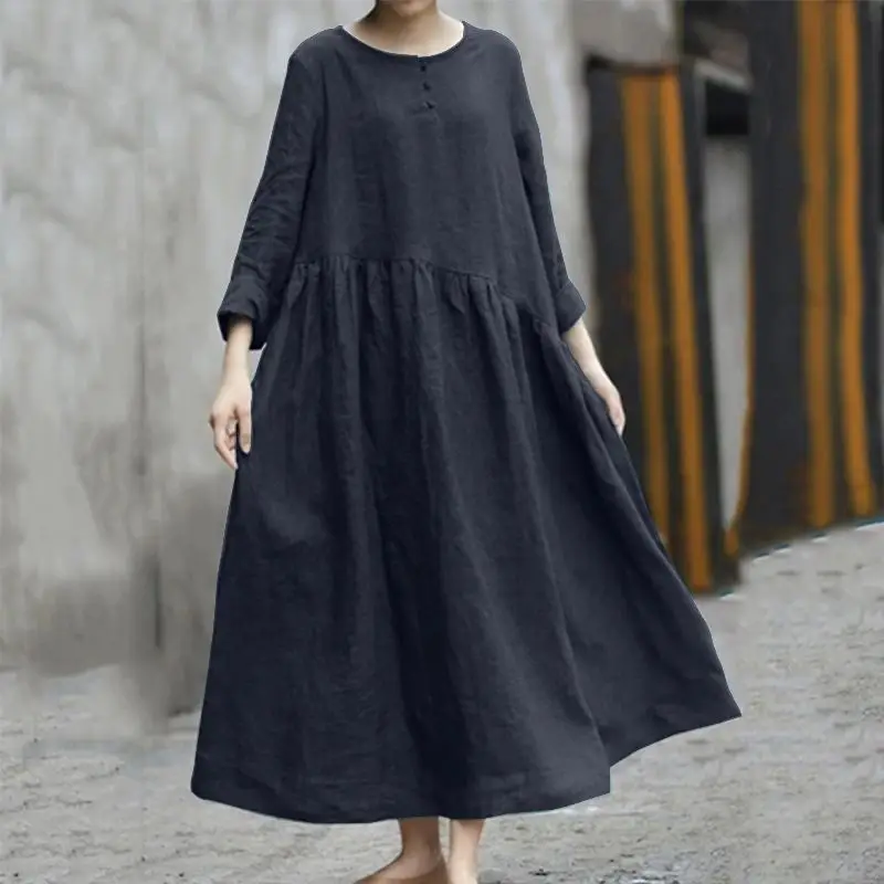 2023 Cotton Linen Long Sleeve Dress Large Swing - Image 3