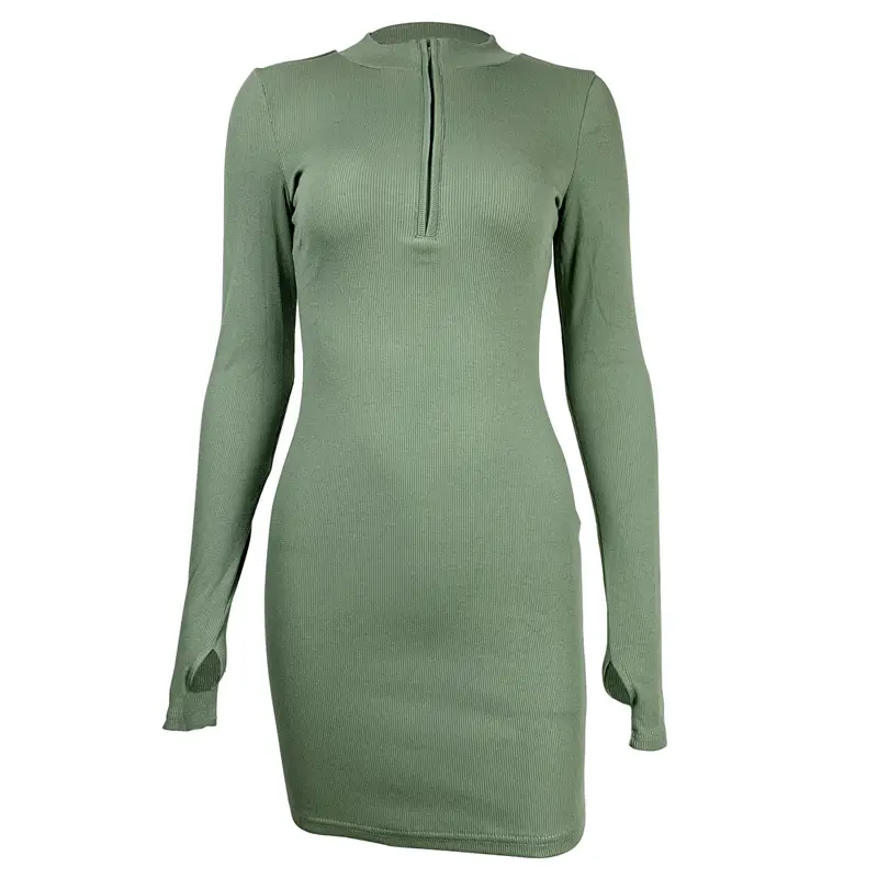 Women's Green Ribbed Slim Skirt Dress with Zipper & Long Sleeves - Image 5