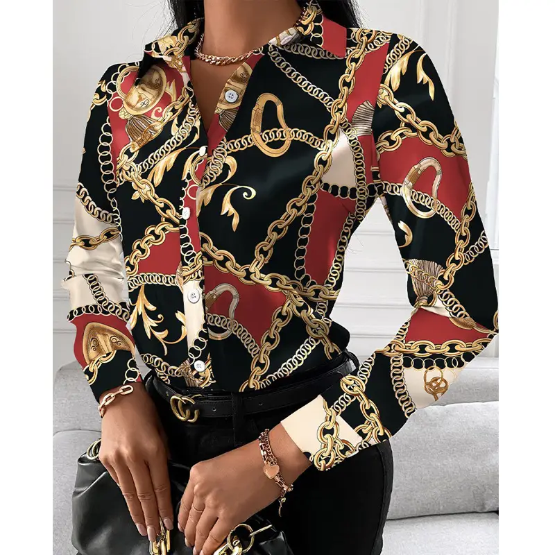 Women's Printed Long Sleeve Shirt White Black Gold - Image 14