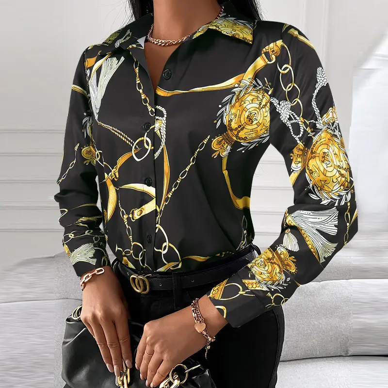 Women's Printed Long Sleeve Shirt White Black Gold - Image 16