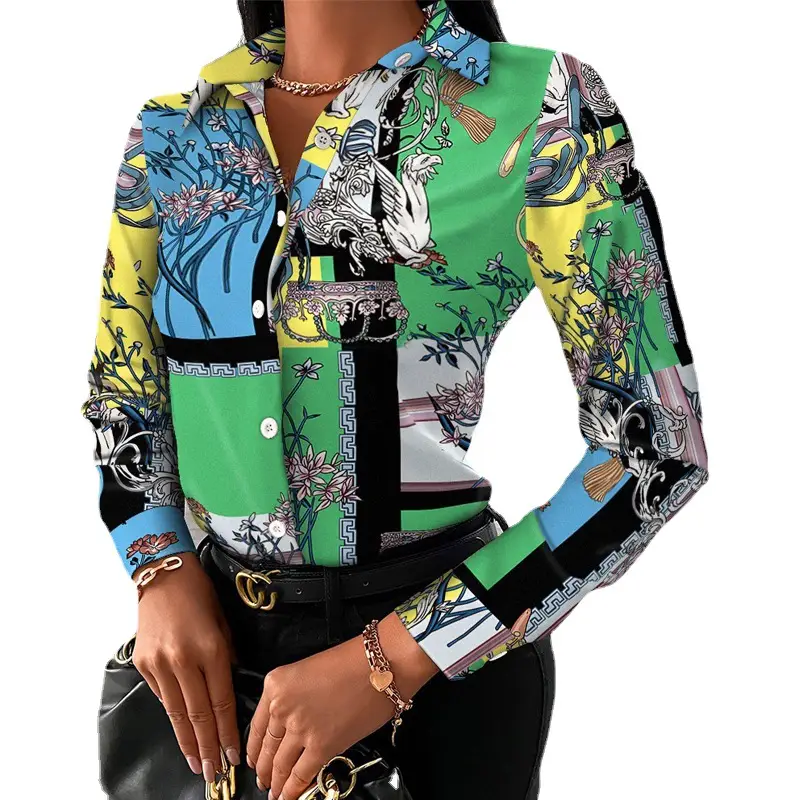 Women's Printed Long Sleeve Shirt White Black Gold - Image 17