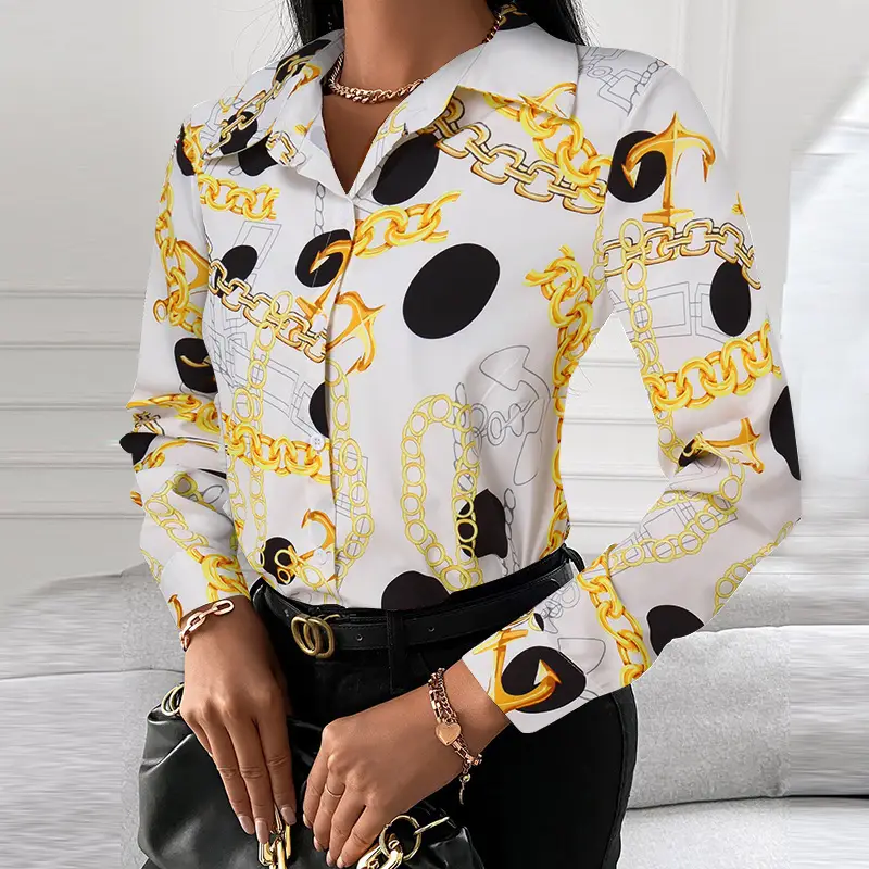 Women's Printed Long Sleeve Shirt White Black Gold - Image 10