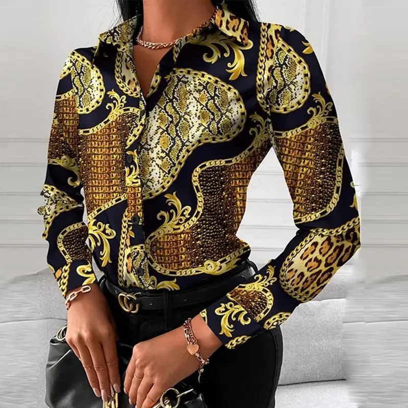 Women's Printed Long Sleeve Shirt White Black Gold - Image 12