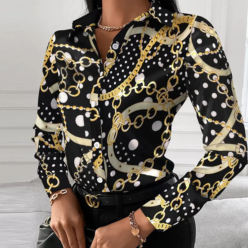 Women's Printed Long Sleeve Shirt White Black Gold - Image 8