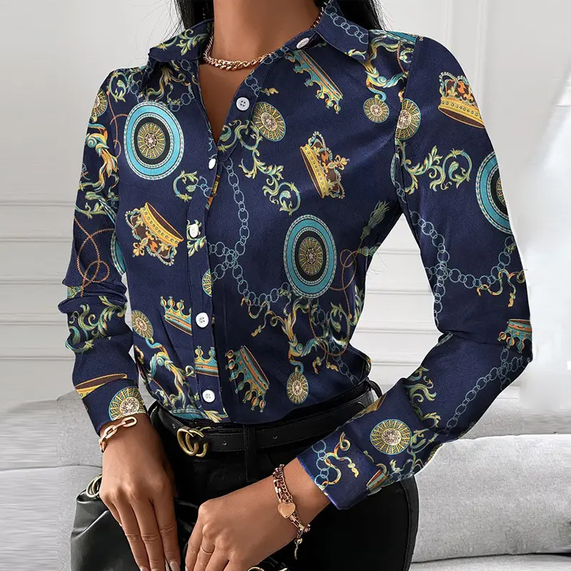 Women's Printed Long Sleeve Shirt White Black Gold - Image 9