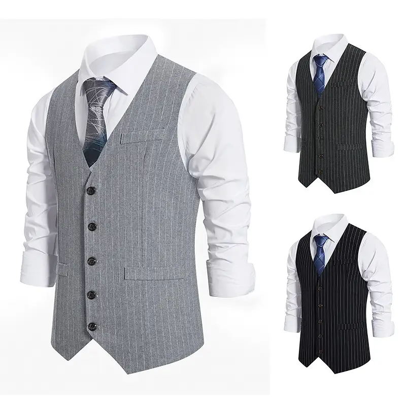 New Men's Striped Single Breasted Vest Black - Image 3