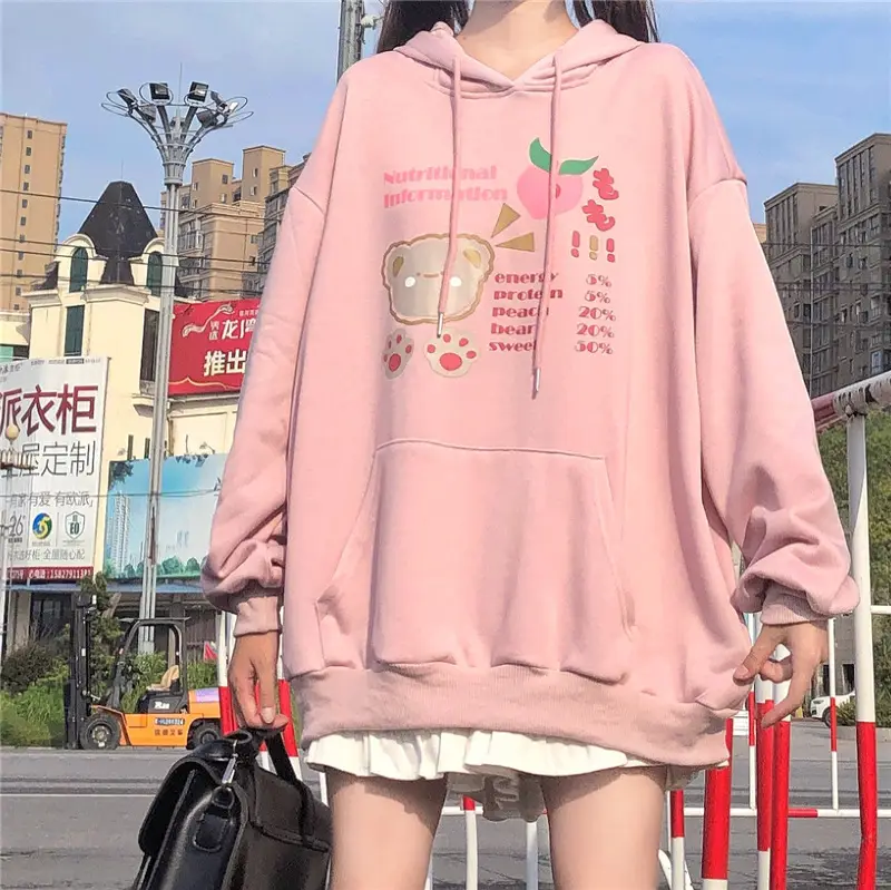 Fleece Hooded Sweatshirt Pink Cartoon Design