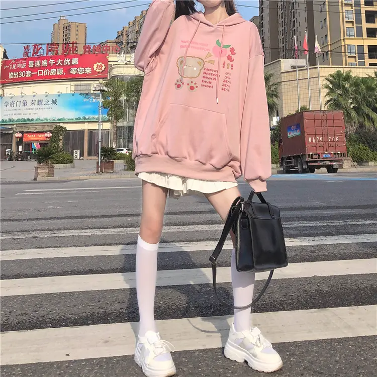 Fleece Hooded Sweatshirt Pink Cartoon Design