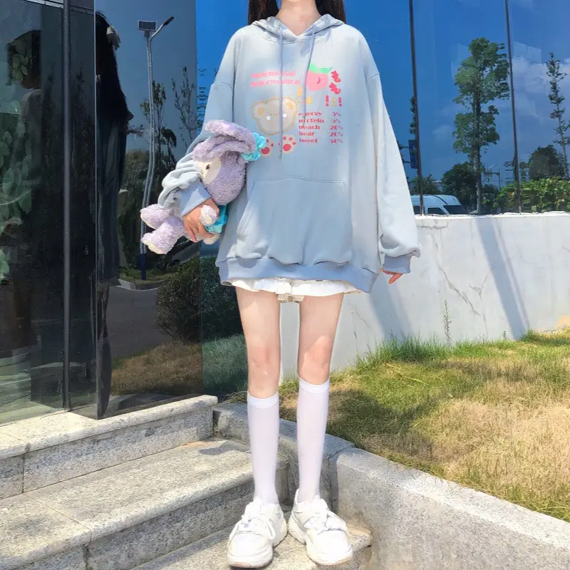 Fleece Hooded Sweatshirt Pink Cartoon Design