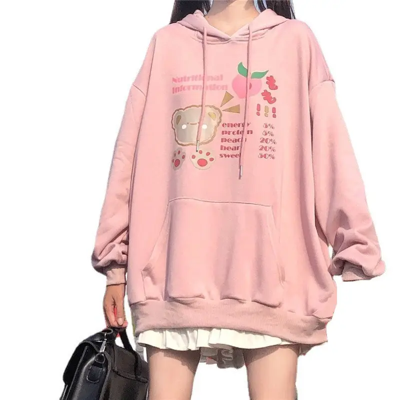 Fleece Hooded Sweatshirt Pink Cartoon Design