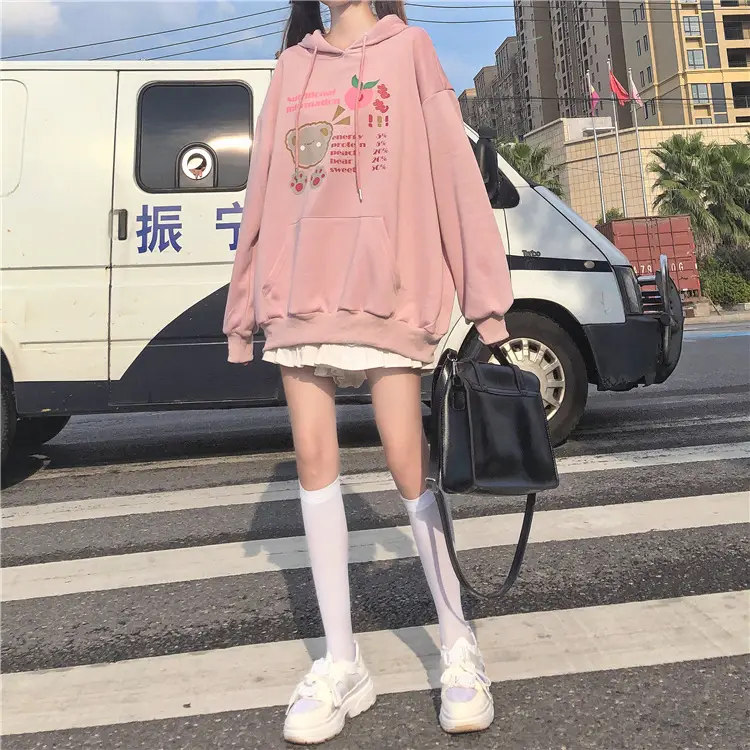 Fleece Hooded Sweatshirt Pink Cartoon Design — feature 4