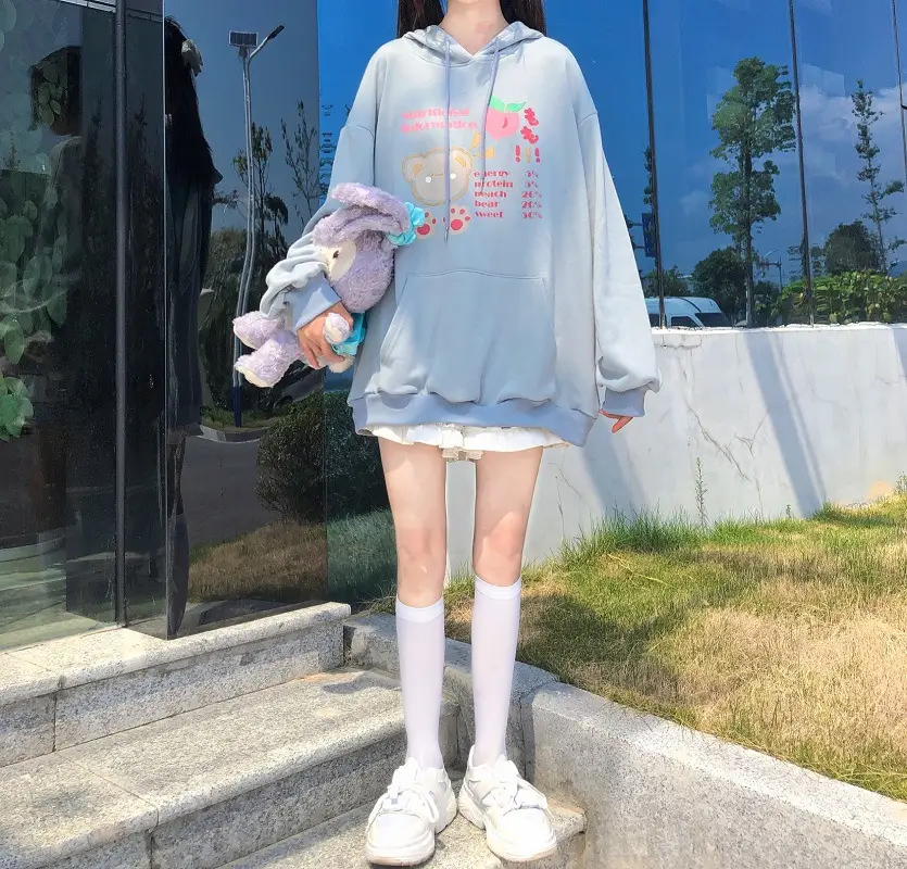 Fleece Hooded Sweatshirt Pink Cartoon Design