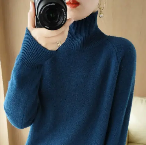 Blue Knit Turtleneck Pullover for Women - Image 15