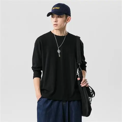 Men White Long Sleeve Crewneck T-Shirt with Cap - Image 2