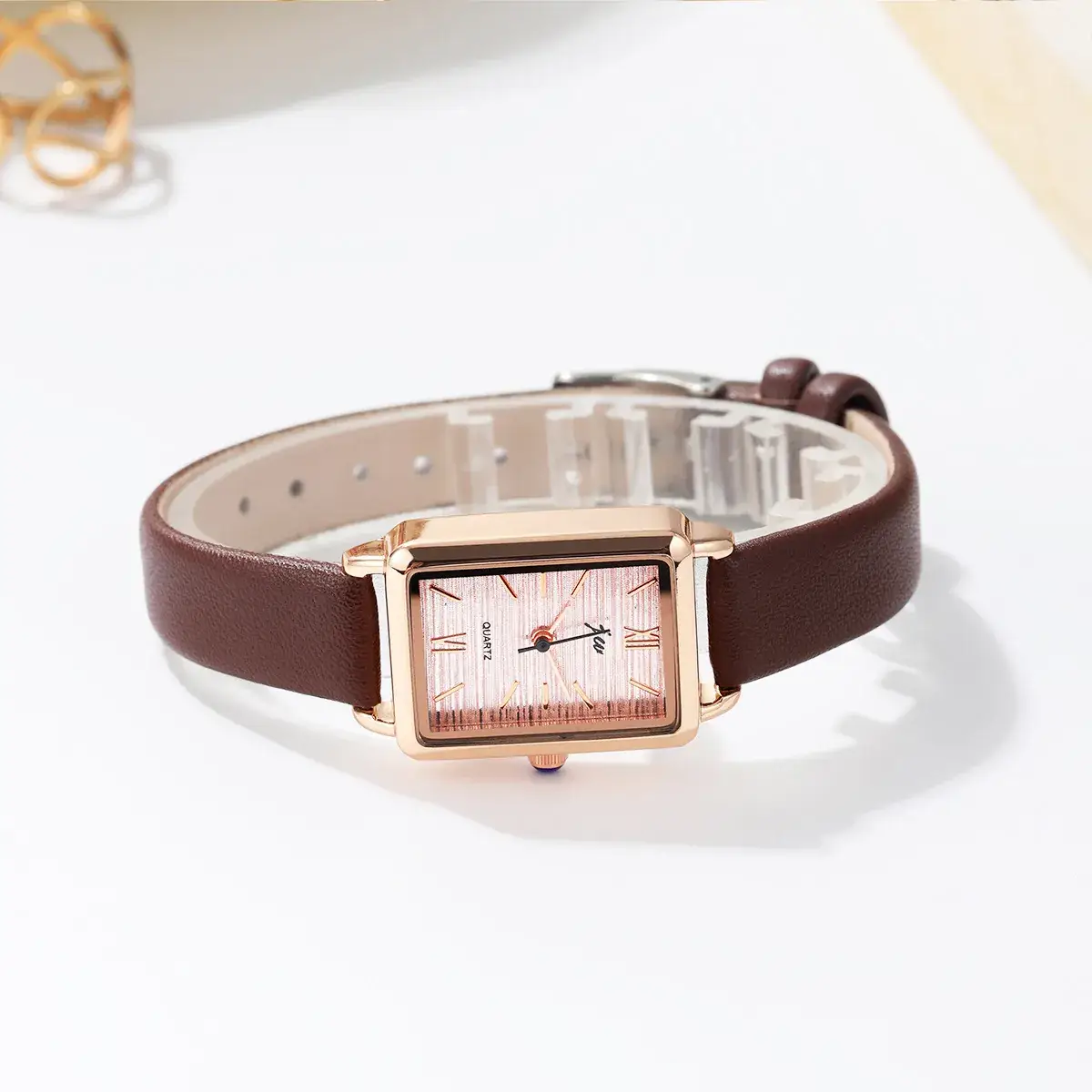 Women's Rose Gold Square Watch with Brown Leather Band