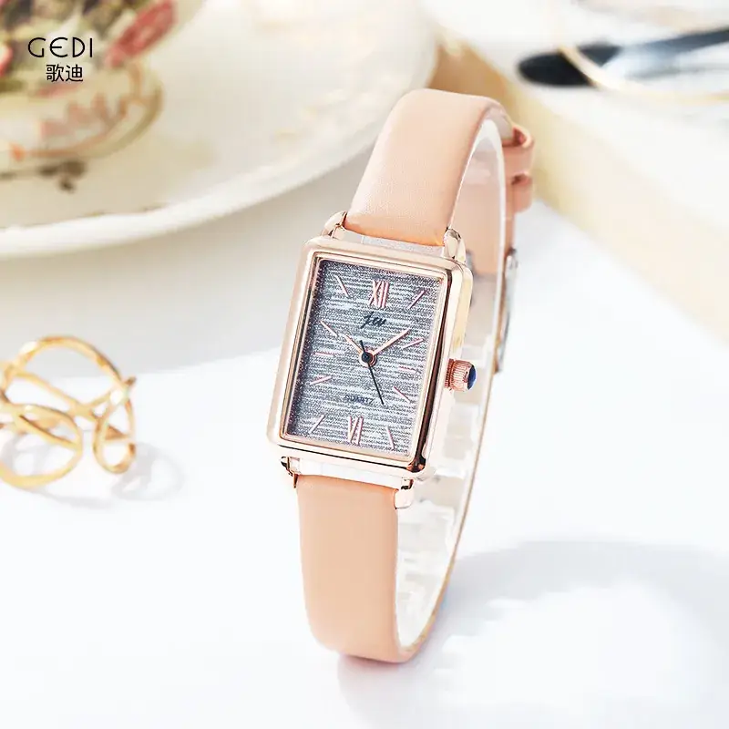 Women's Rose Gold Square Watch with Brown Leather Band
