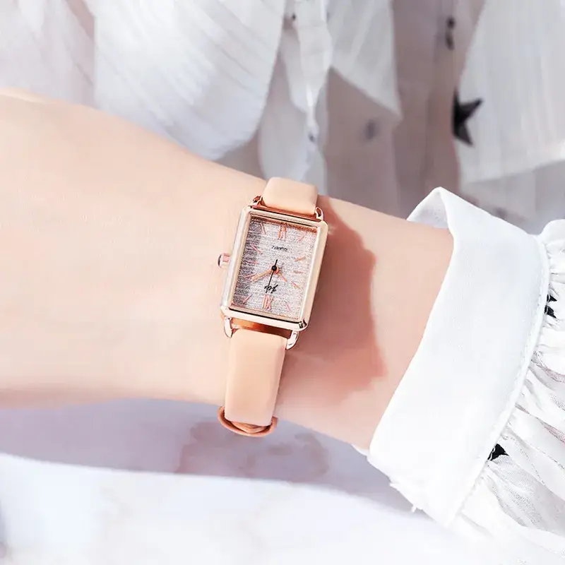 Women's Rose Gold Square Watch with Brown Leather Band