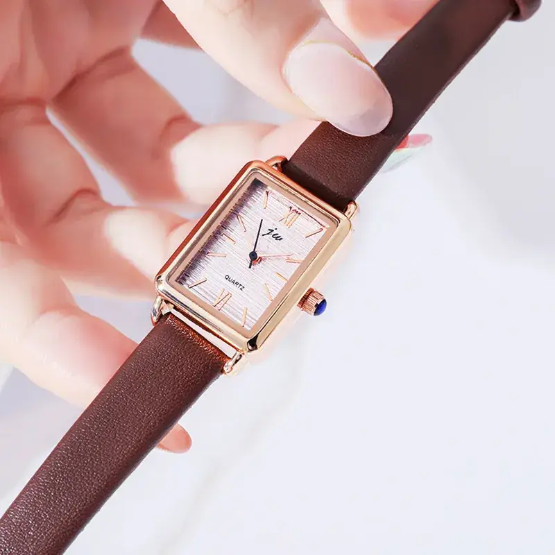 Women's Rose Gold Square Watch with Brown Leather Band