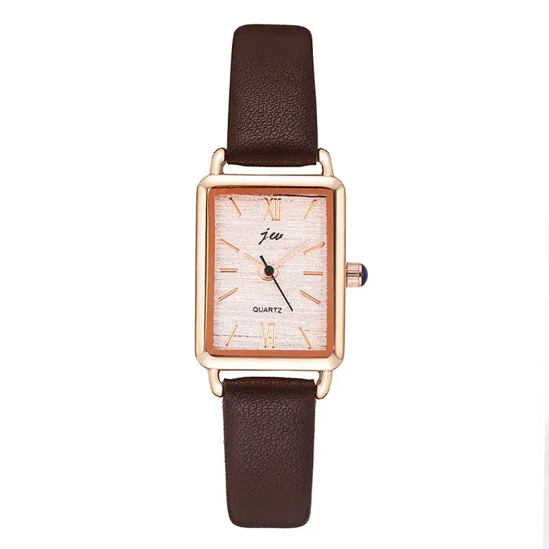 Women's Rose Gold Square Watch with Brown Leather Band