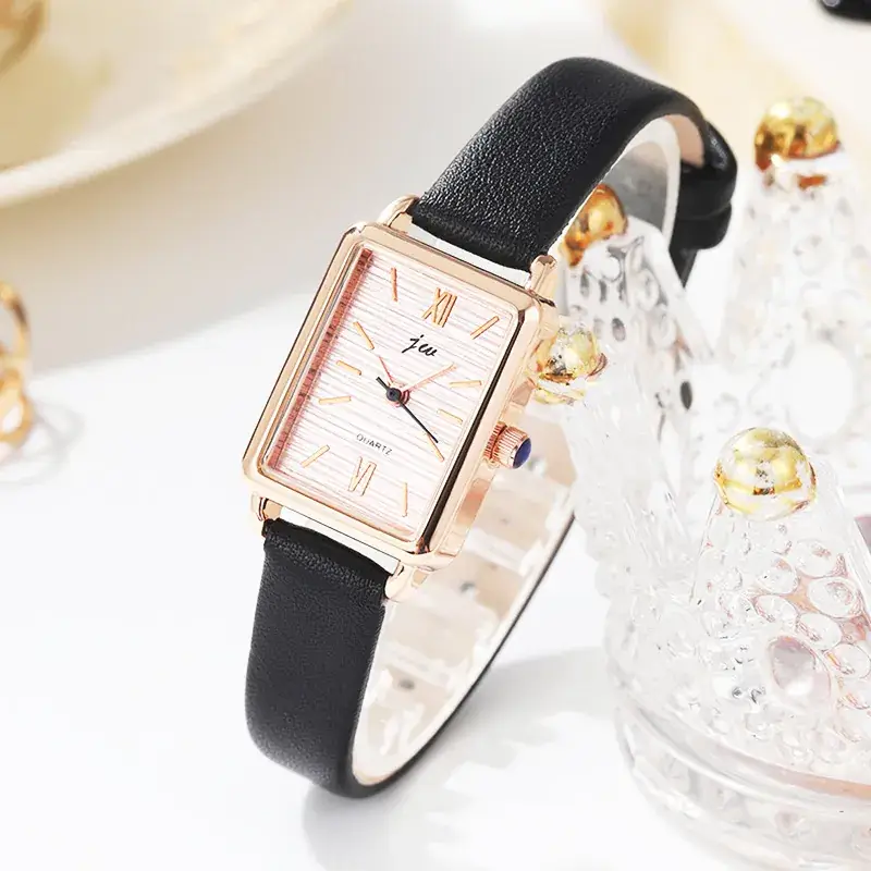 Women's Rose Gold Square Watch with Brown Leather Band