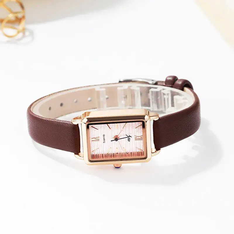 Women's Rose Gold Square Watch with Brown Leather Band