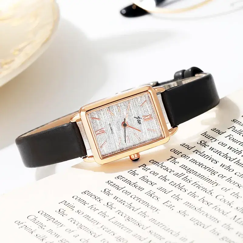 Women's Rose Gold Square Watch with Brown Leather Band