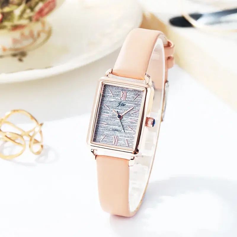 Women's Rose Gold Square Watch with Brown Leather Band