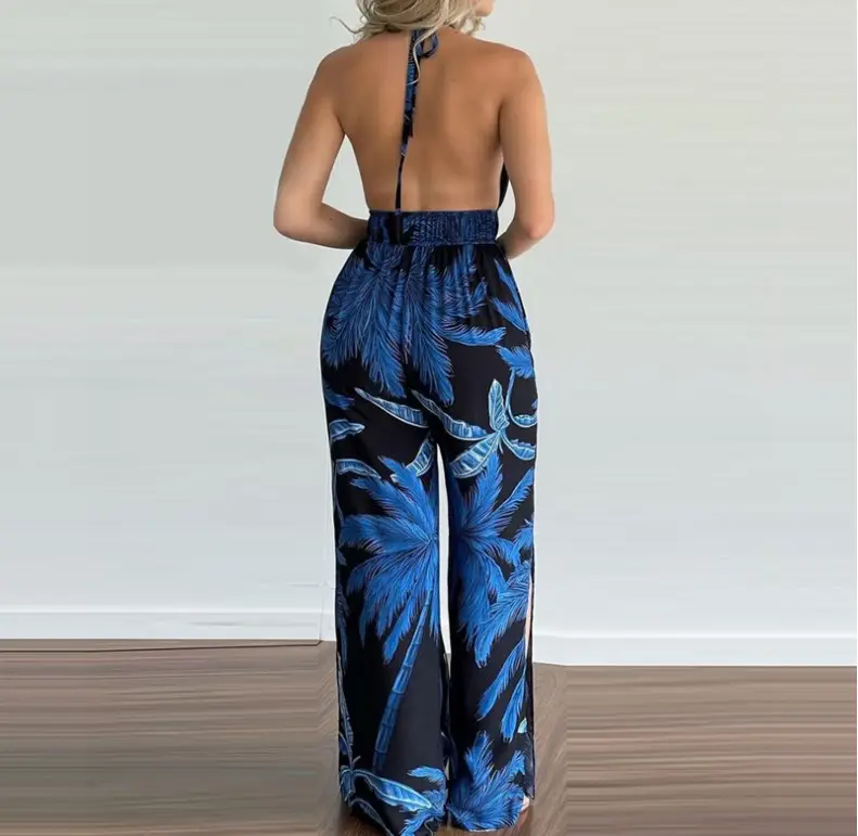 Blue Digital Print Long Sleeve Floral Jumpsuit Set — feature 10