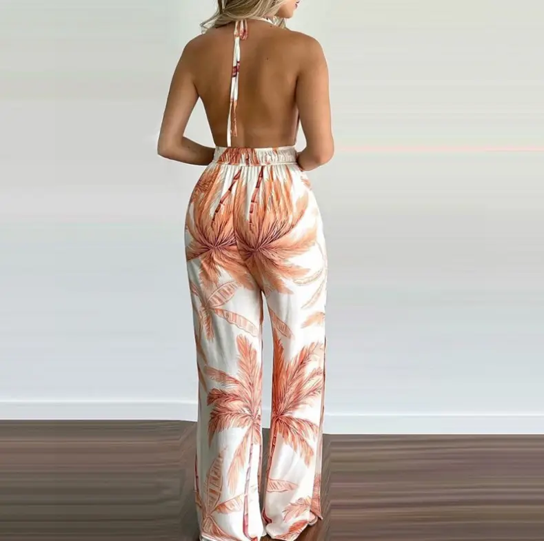 Blue Digital Print Long Sleeve Floral Jumpsuit Set — feature 11
