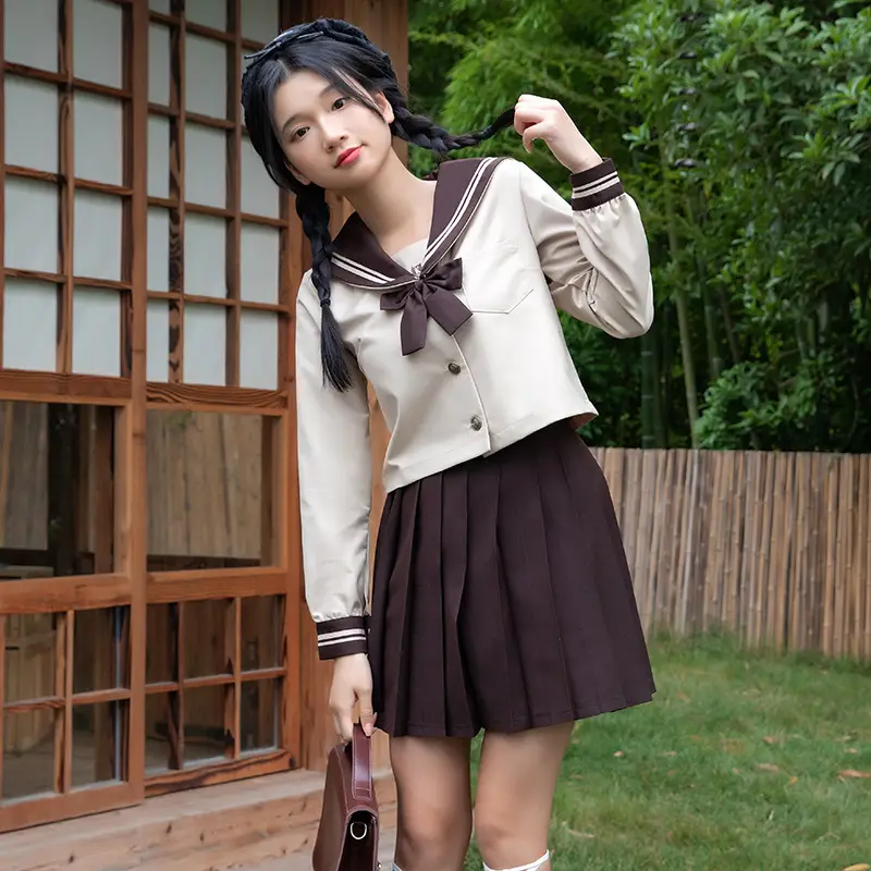 Beige Sailor Suit School Top with Bow Tie - Image 6