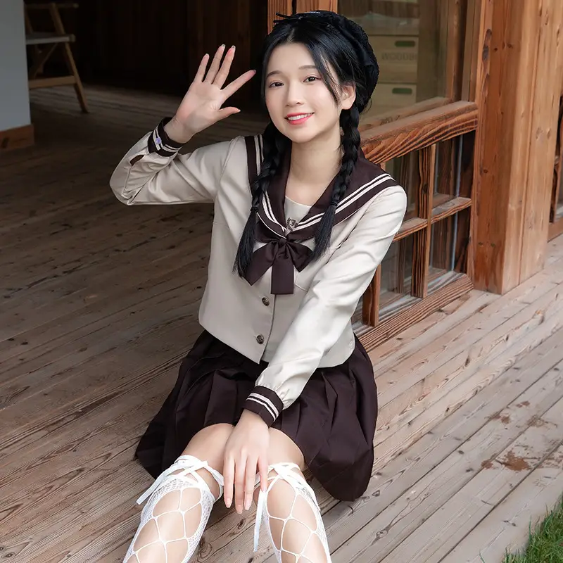 Beige Sailor Suit School Top with Bow Tie - Image 7