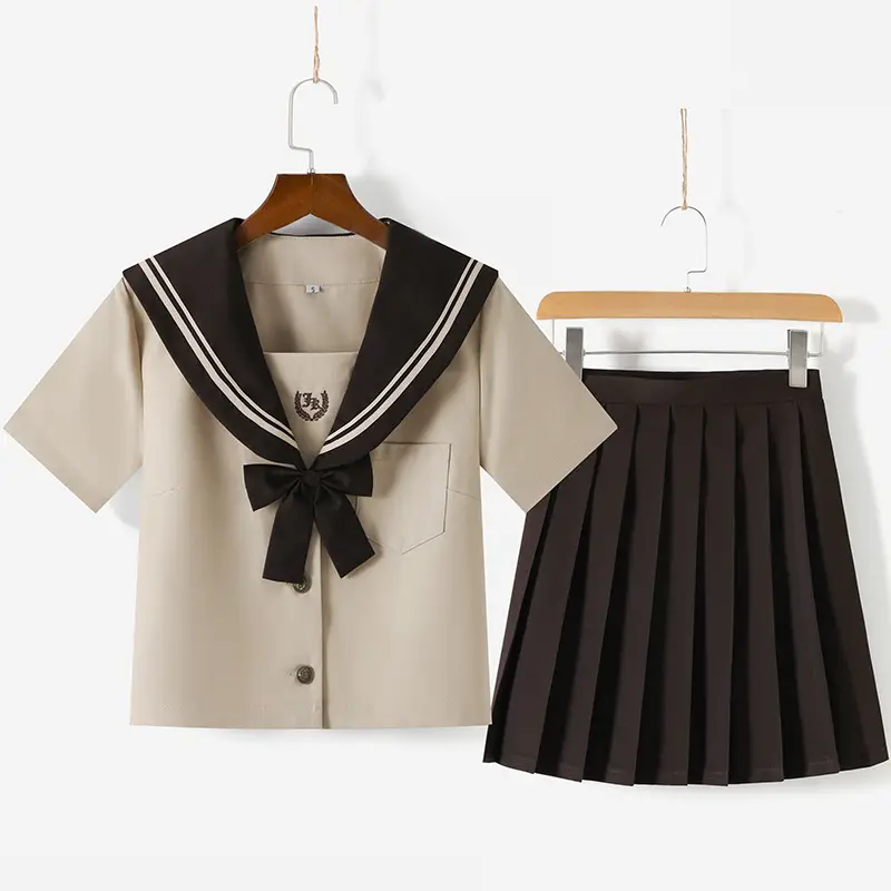Beige Sailor Suit School Top with Bow Tie - Image 2