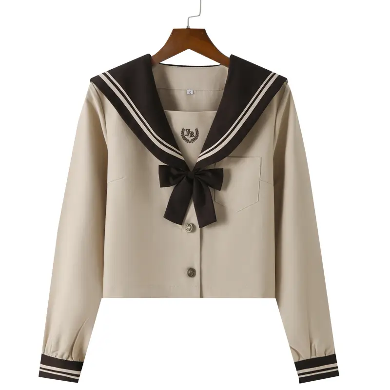 Beige Sailor Suit School Top with Bow Tie - Image 3