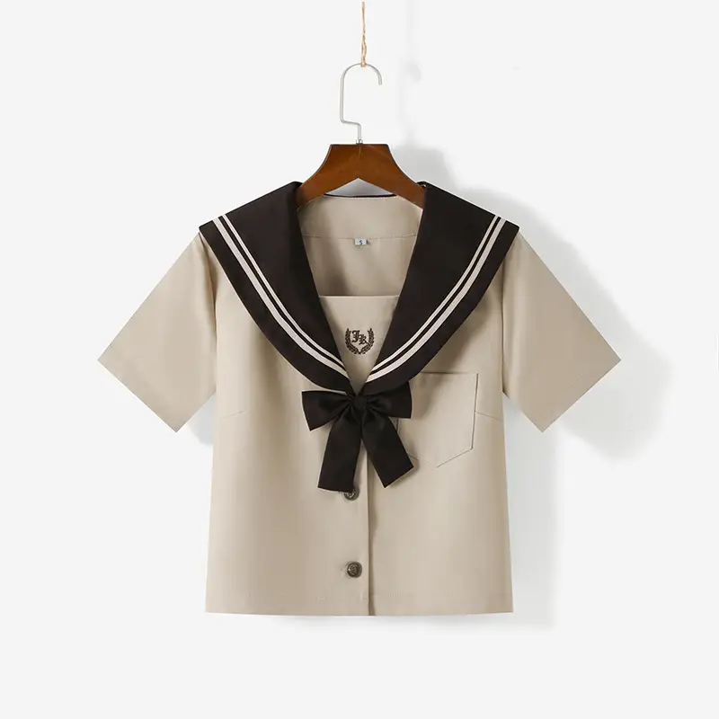 Beige Sailor Suit School Top with Bow Tie - Image 4