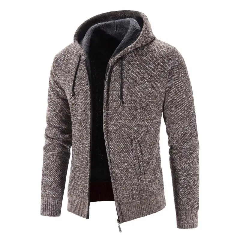 Men Fleece Hooded Zipper Coat Grey Plus Size