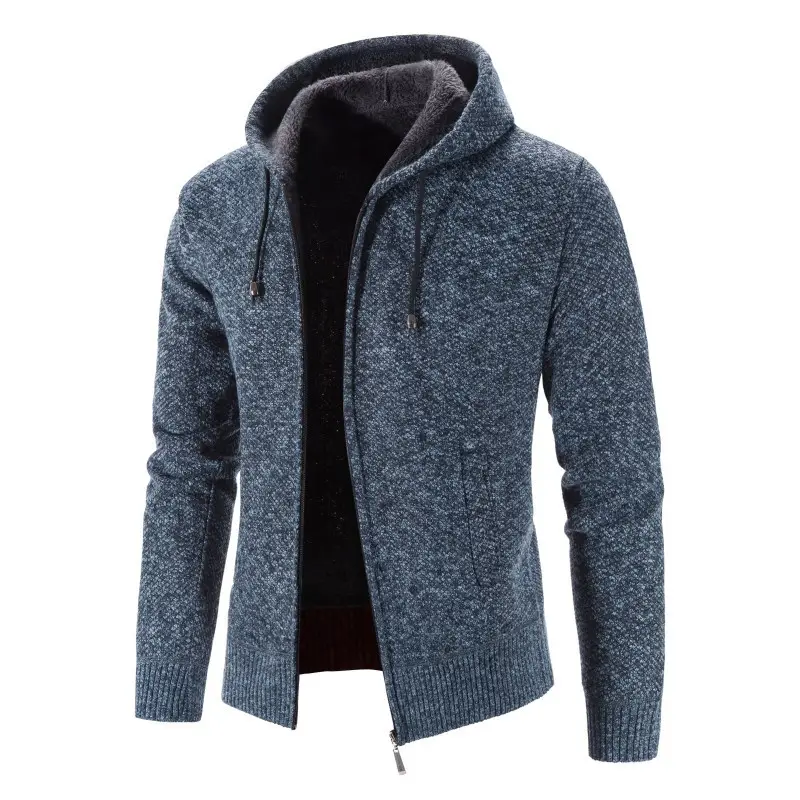 Men Fleece Hooded Zipper Coat Grey Plus Size