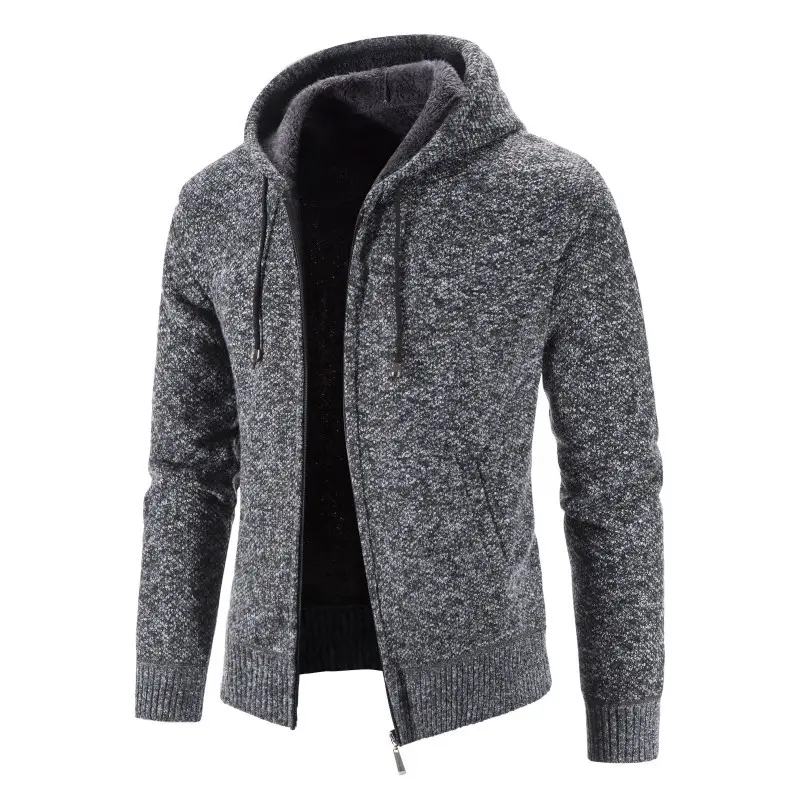 Men Fleece Hooded Zipper Coat Grey Plus Size