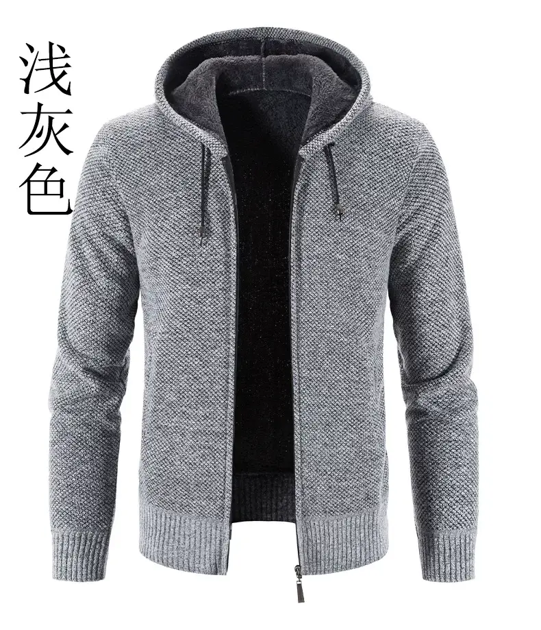 Men Fleece Hooded Zipper Coat Grey Plus Size — feature 5