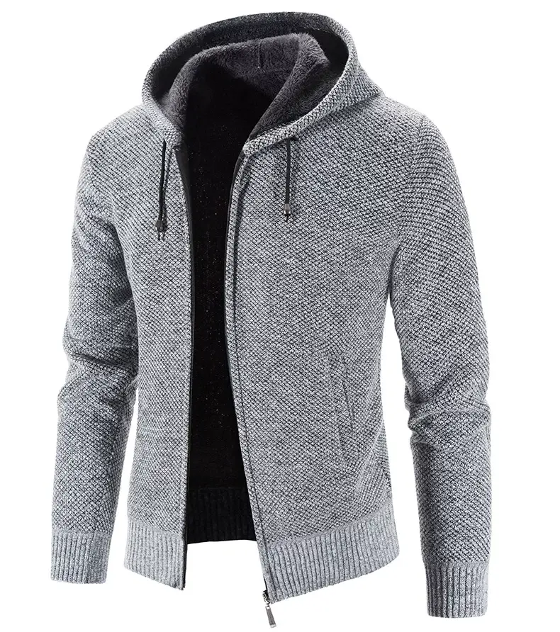 Men Fleece Hooded Zipper Coat Grey Plus Size — feature 7