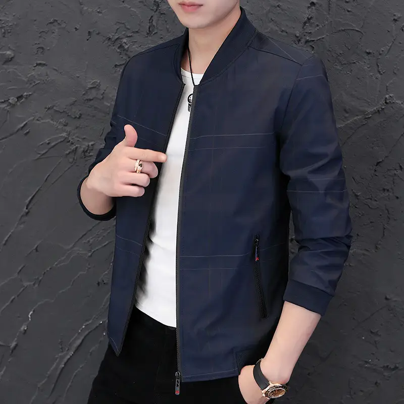 Men's Navy Blue Casual Jacket with Baseball Collar - Image 5