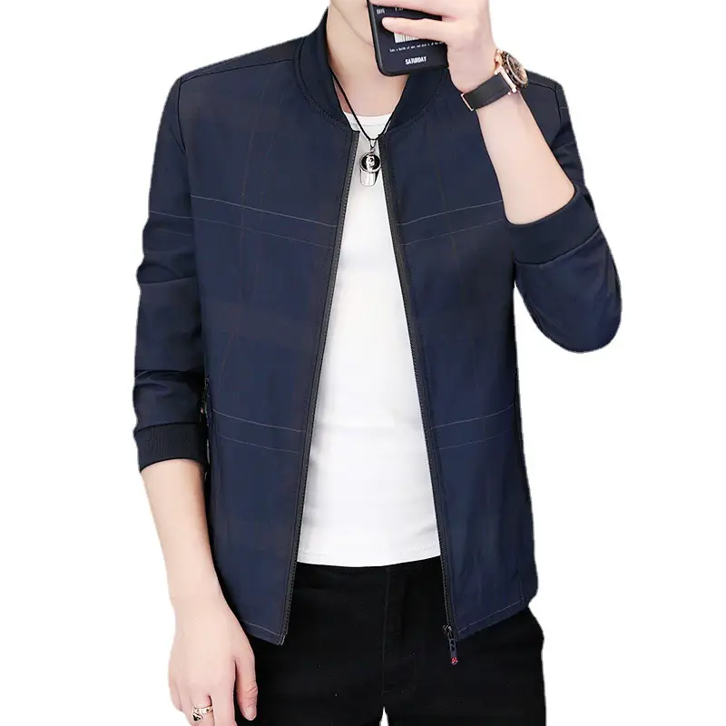 Men's Navy Blue Casual Jacket with Baseball Collar - Image 8