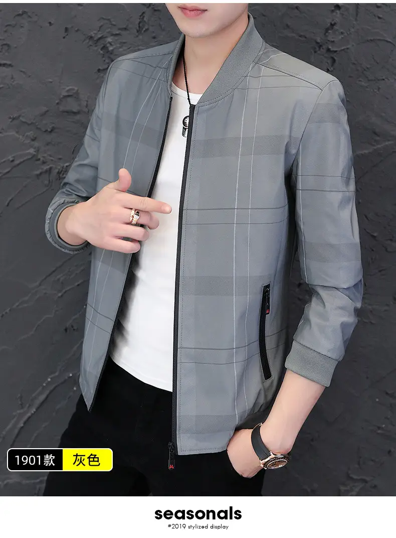 Men's Navy Blue Casual Jacket with Baseball Collar — feature 10