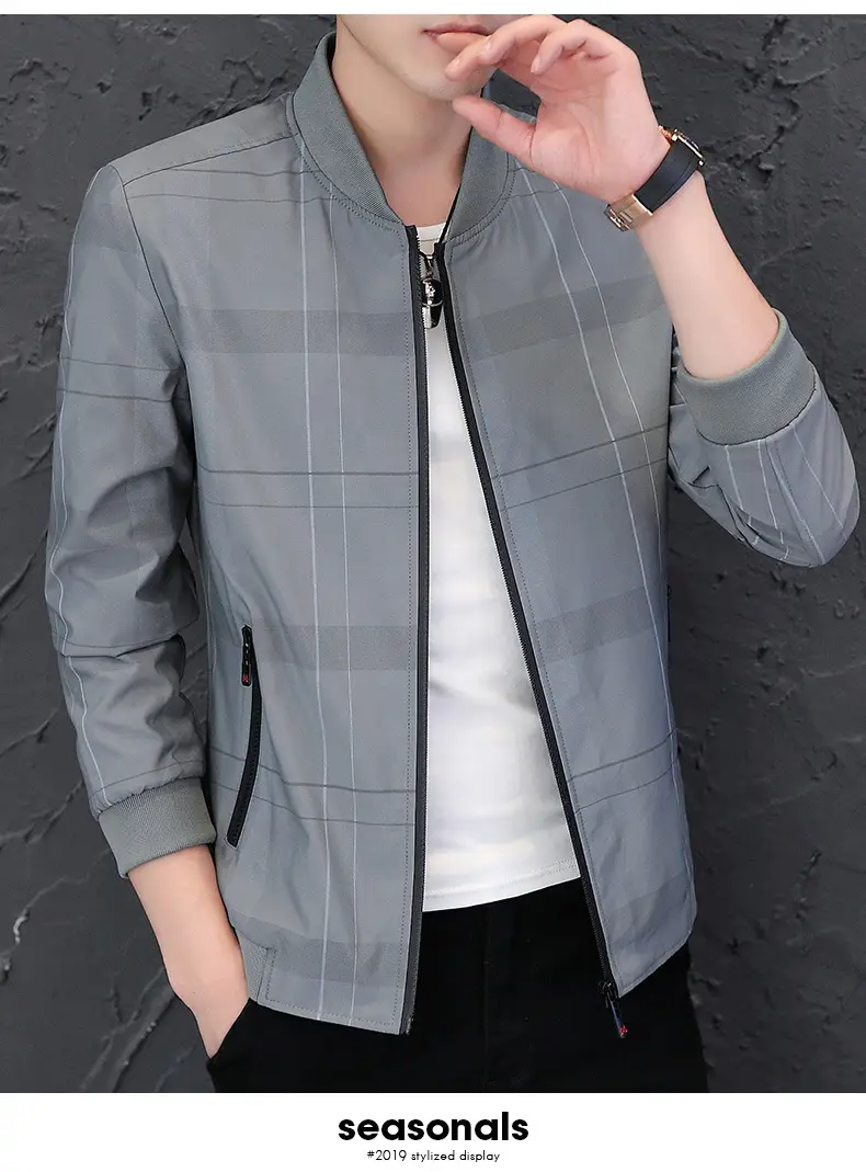Men's Navy Blue Casual Jacket with Baseball Collar — feature 12