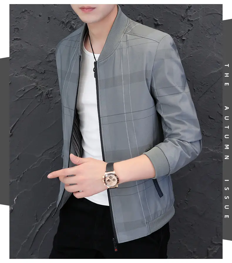 Men's Navy Blue Casual Jacket with Baseball Collar — feature 13