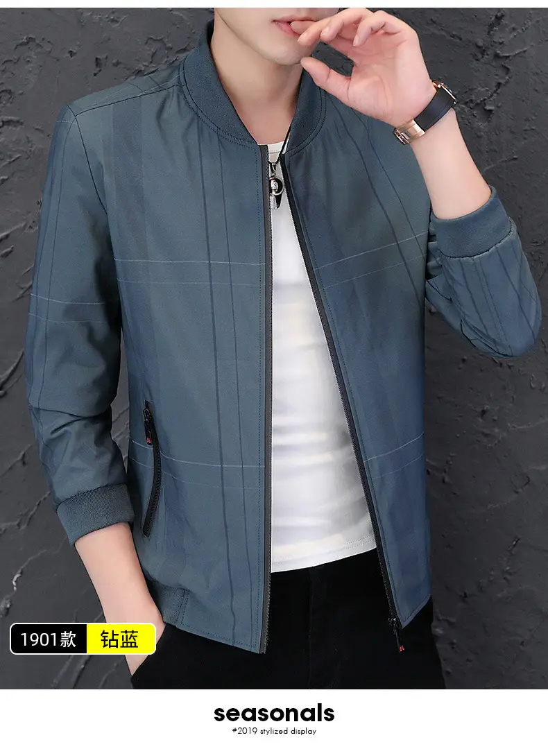 Men's Navy Blue Casual Jacket with Baseball Collar — feature 14