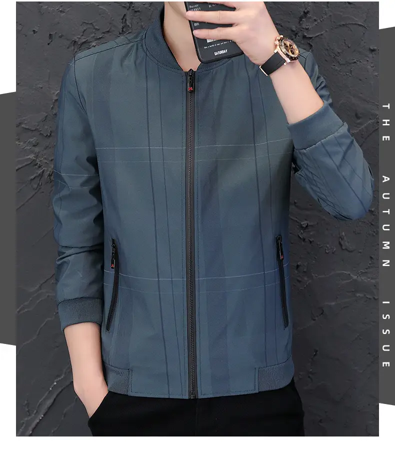 Men's Navy Blue Casual Jacket with Baseball Collar — feature 15