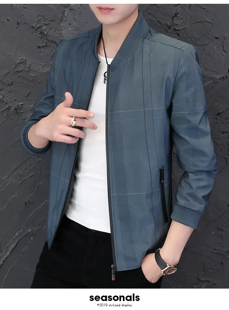 Men's Navy Blue Casual Jacket with Baseball Collar — feature 16