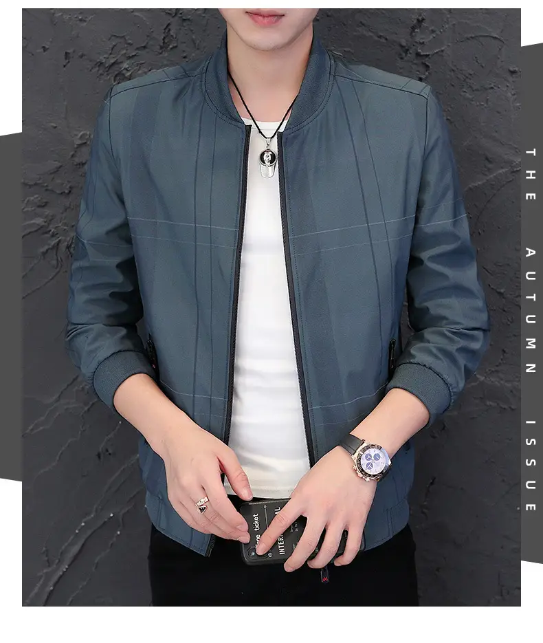 Men's Navy Blue Casual Jacket with Baseball Collar — feature 17